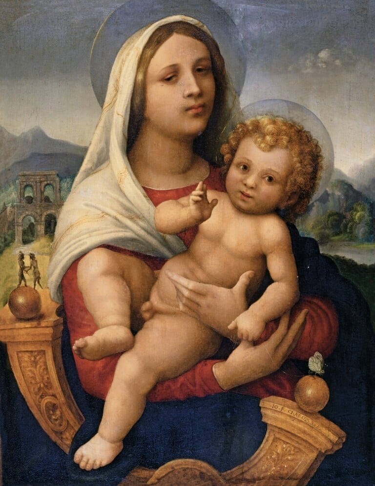 Giovan Francesco Caroto, Madonna con il Bambino (Madonna della farfalla), 1510-15 ca., olio su tavola, 59 x 47,5 cm. Collezione privata