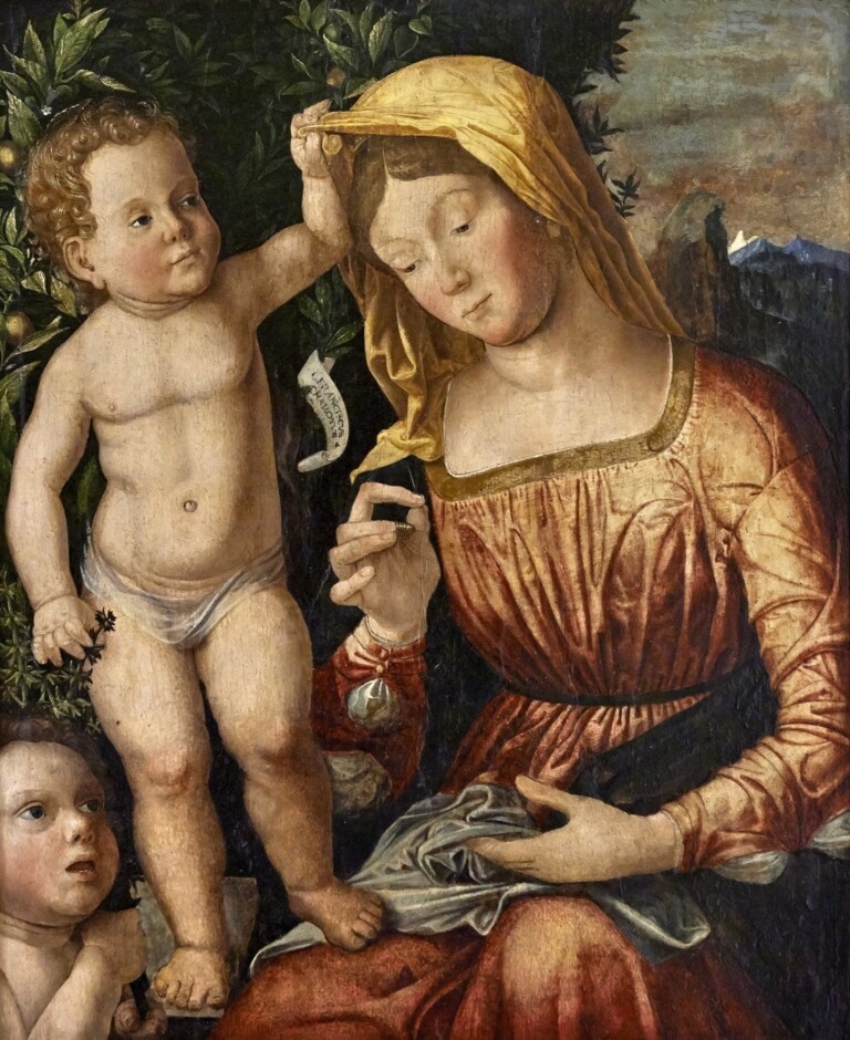 Giovan Francesco Caroto, Madonna con il Bambino e san Giovannino (Madonna cucitrice), 1501, olio su tavola, 48 x 39 cm. Modena, Galleria Estense