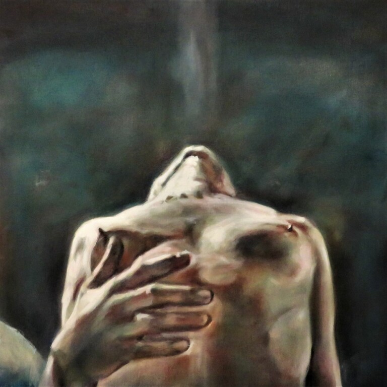Iva Lulashi, Fiorisce dalle ossa, 2022, olio su tela, 50x50 cm