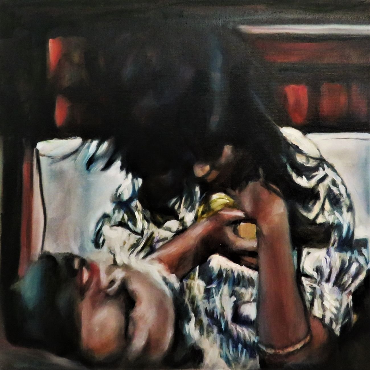 Iva Lulashi, Fuga del pettirosso, 2022, olio su tela, 30x30 cm
