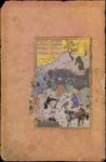 "L'aneddoto dell'uomo che cadde nell'acqua", Folio 44r da un Mantiq al-tair (La lingua degli uccelli) di Farid al-Din `Attar, Calligrafo: Sultan 'Ali al-Mashhadi, 1487 d.C. Acquarello opaco, argento e oro su carta, Metropolitan Museum of Art