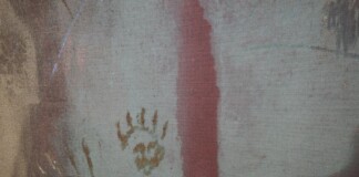Leonardo Pellicanò, Leave no trace, 2020, dettaglio, acrilico, polvere di rame e ottone su tela grezza, 150x190 cm. Courtesy l’artista