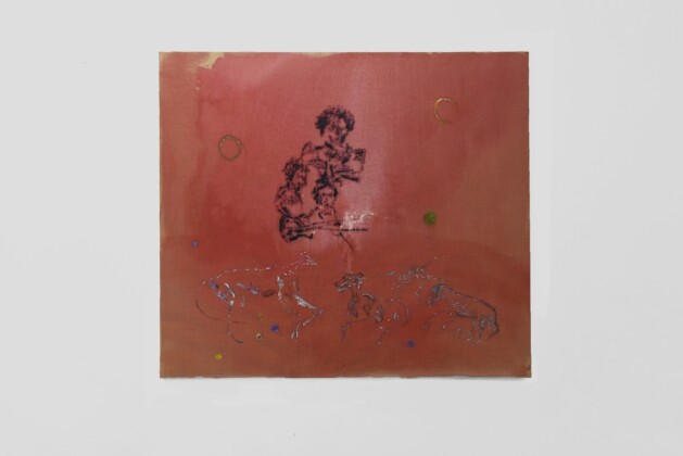Leonardo Pellicanò, Leave us suspended on evil strings, 2019, acrilico e olio su tela grezza, 160x140 cm. Courtesy l’artista