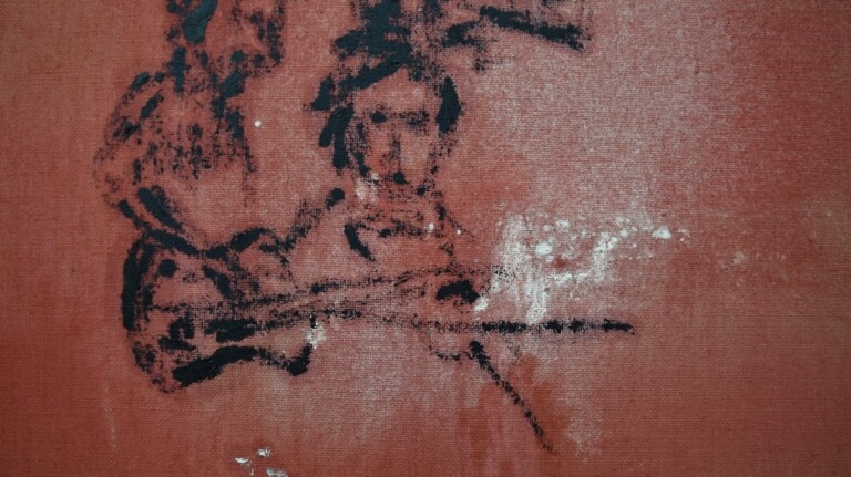 Leonardo Pellicanò, Leave us suspended on evil strings, 2019, dettaglio, acrilico e olio su tela grezza, 160x140 cm. Courtesy l’artista