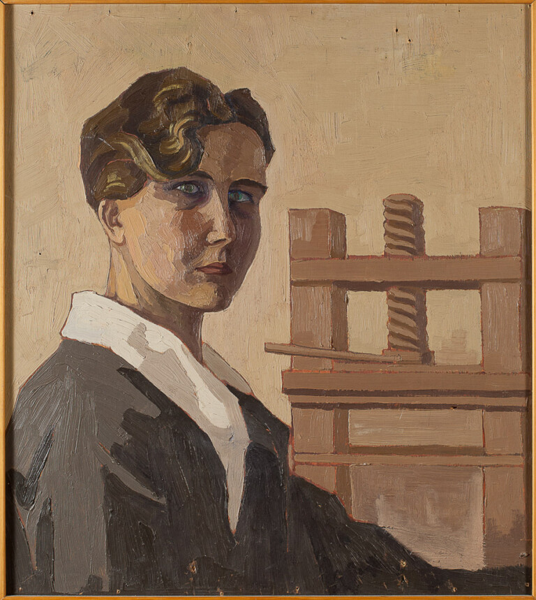 Maria Quilici Buzzacchi, Autoritratto al torchio, 1926 ca., 45x40 cm, olio su tavola. Courtesy Archivio Mimì Quilici Buzzacchi, Roma