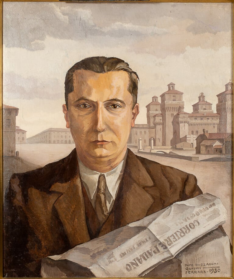 Maria Quilici Buzzacchi, Ritratto di Nello Quilici con il giornale e Castello, 1930, 62x52 cm, olio su tela. Courtesy Archivio Mimì Quilici Buzzacchi, Roma