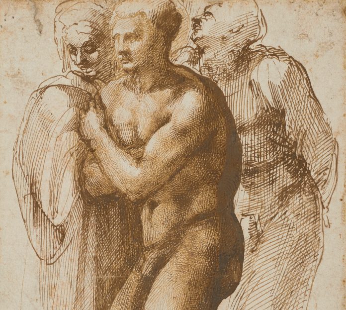 Michelangelo Buonarroti, A nude young man (after Masaccio) and two figures behind, pen and two shades of brown ink, 33 x 20 cm copyright, Christie's images limited