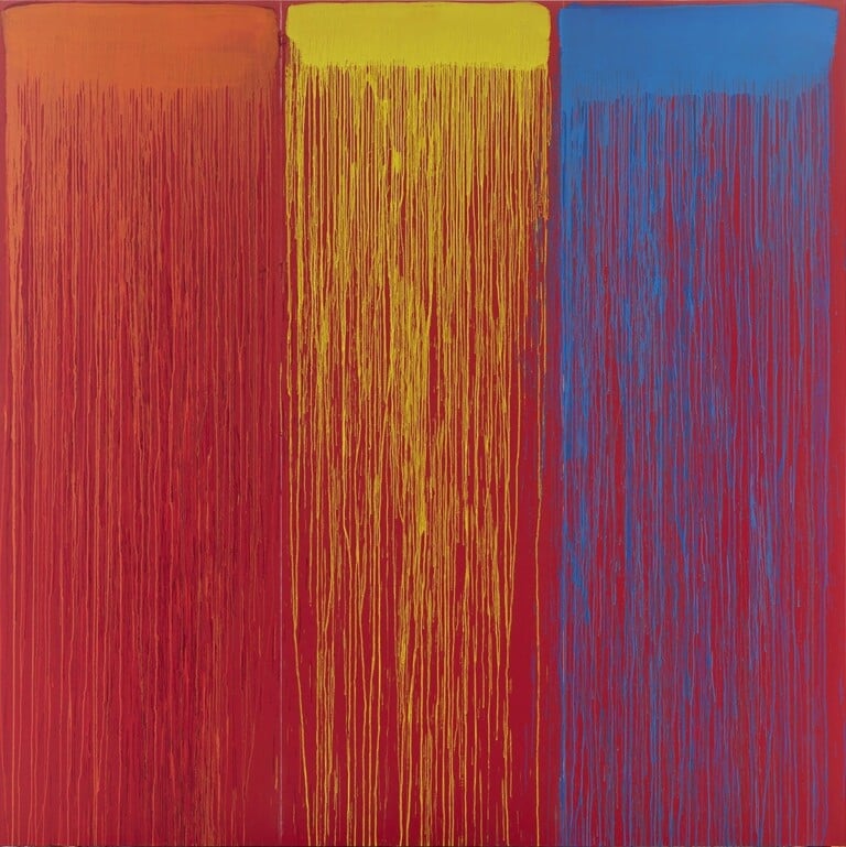 Pat Steir, Roman Rainbow, 2021-22, olio su tela, 274.32 x 274.32 cm © Pat Steir. Photo Elisabeth Bernstein. Courtesy dell'artista e di Gagosian