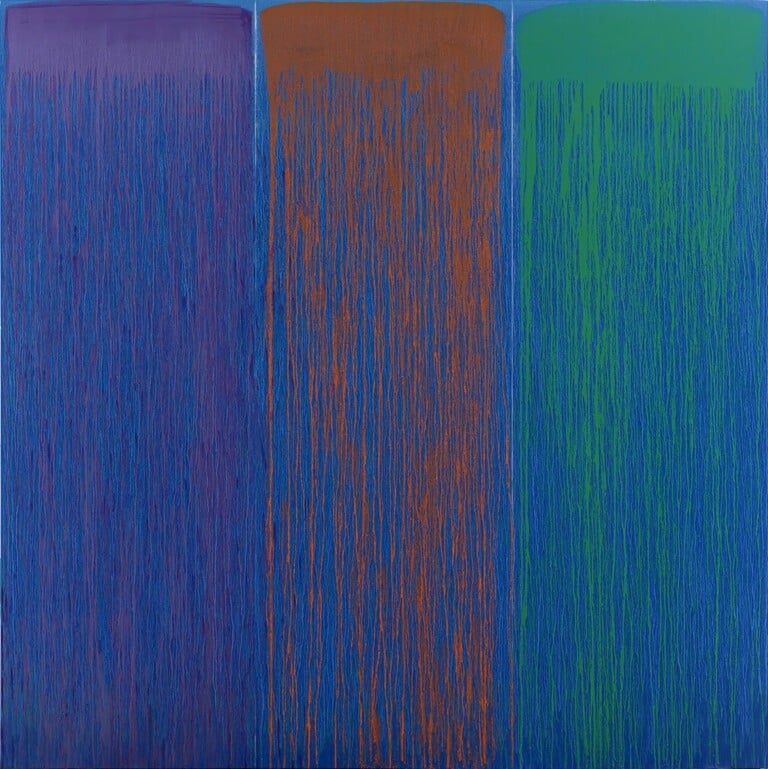 Pat Steir, Small Rainbow, 2021-22, olio su tela, 213.36 x 213.36 cm © Pat Steir. Photo Elisabeth Bernstein. Courtesy dell'artista e di Gagosian