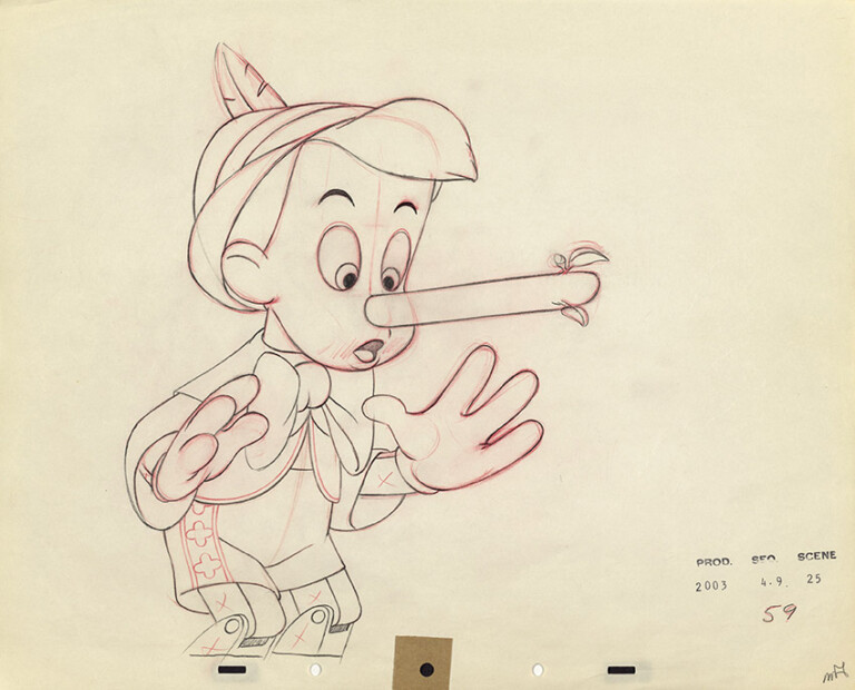 Pinocchio, 1940 Ollie Johnston Disegno definitivo per l’animazione Grafite e matita colorata su carta © Disney