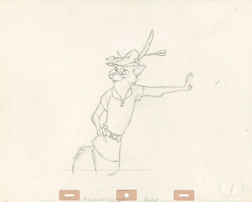 Robin Hood, 1973 Milt Kahl Disegno definitivo per l’animazione Grafite e matita colorata su carta © Disney