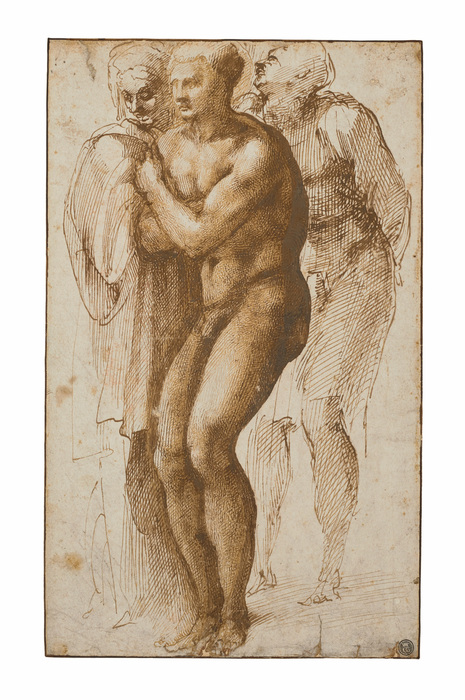 Michelangelo Buonarroti, A nude young man (after Masaccio) and two figures behind, pen and two shades of brown ink, 33 x 20 cm copyright, Christie's images limited