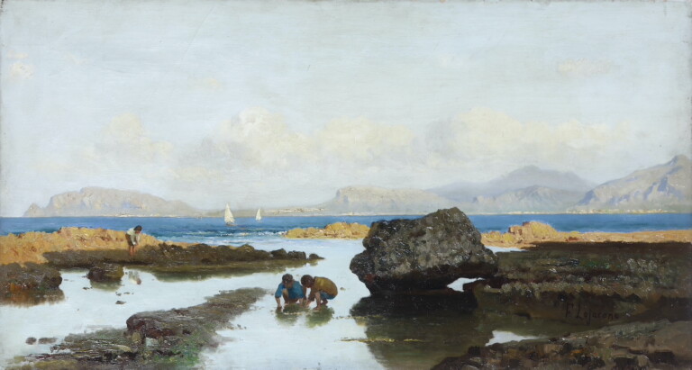 Francesco Lojacono Bassa marea (pescatorelli tra gli scogli in cerca di telline) Firmato F. Lojacono in basso a destra Stima: 15.000 - 20.000 €