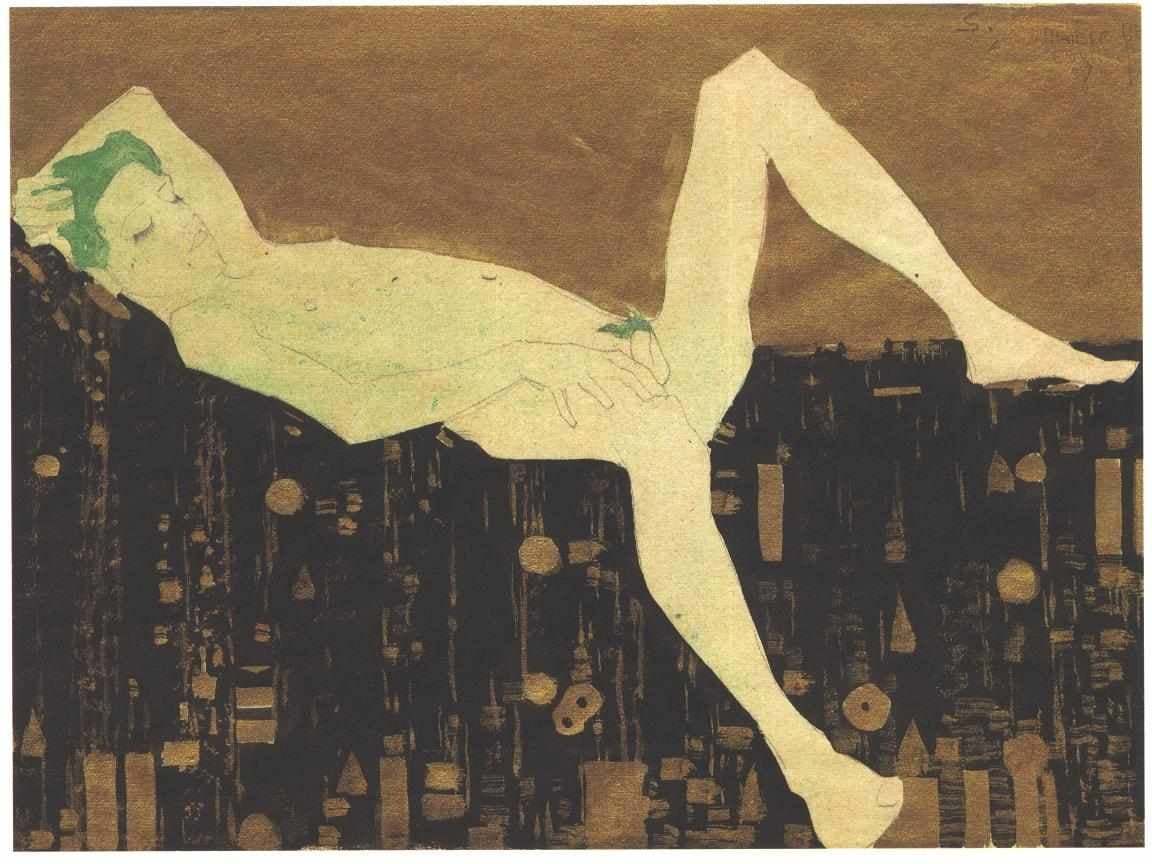 Egon Schiele, Nackter Knabe auf gemusterter Decke liegend, 1908