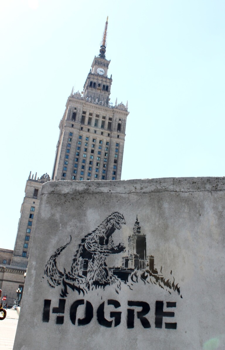 Hogre, Godzilla hates the soviet architecture, 2013, subvertising intervention, Warsaw. Photo credits Hogre