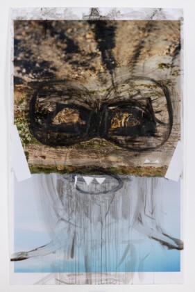 Huma Bhabha, Untitled, 2021, ink, acrylic and collage on C print, 203.2 x 127 cm. Photo credit Adam Reich. Courtesy of the Artist & Xavier Hufkens, Brussels