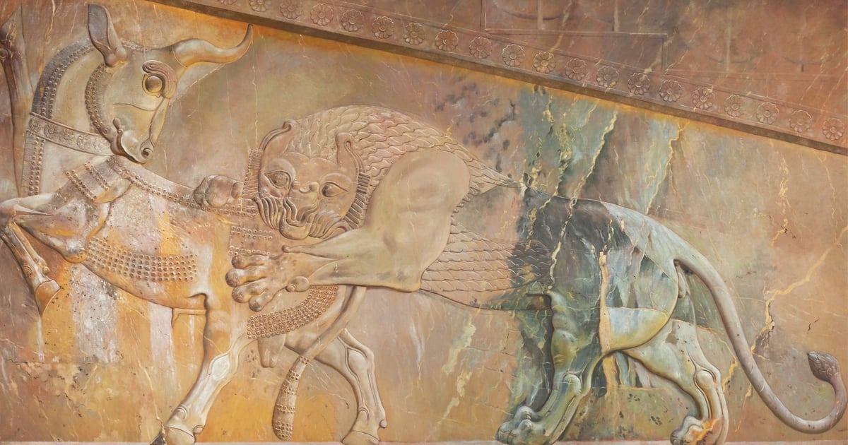 Joseph Lindon Smith, Particolare del combattimento del leone e del toro dalla scala orientale dell’Apadana, Persepoli, Iran, olio su tela, 1935. Credits Oriental Institute, Chicago