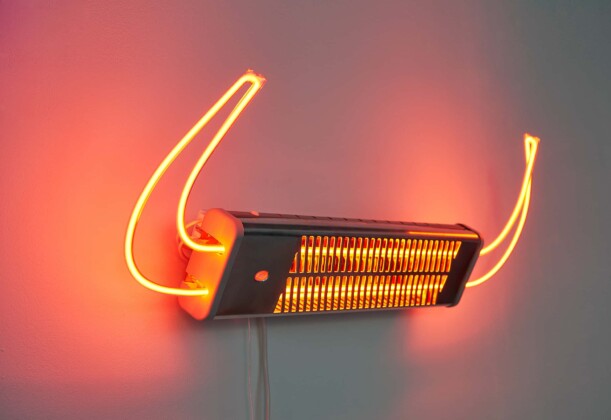 Marcel Walldorf, Mephisto ́s Lounge, 2021, detail, Room installation, Neon light, heater housing, fake food, relax chair, fabrics, dimensions variable