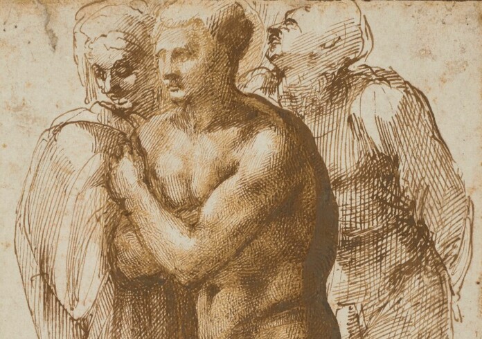 Michelangelo Buonarroti, A nude man (after Masaccio) and two figures behind, pen and two shades of brown ink, 33 x 20cm copyright Christie's images limited