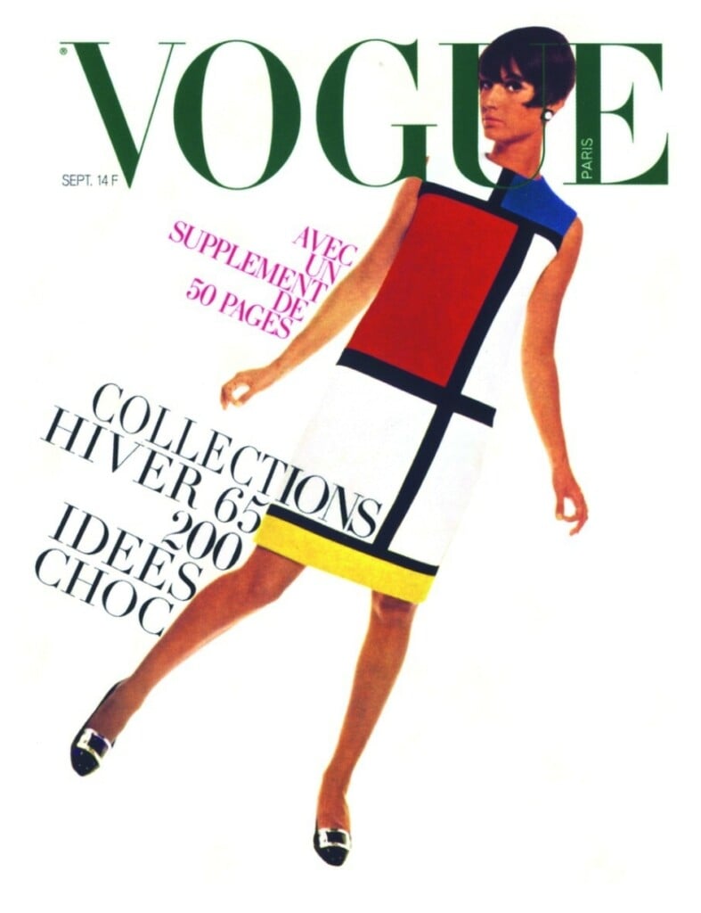 Mondrian Dress, collezione haute couture autunno inverno 1965 66 di Yves Saint Laurent sulla copertina di «Vogue Paris», settembre 1965, photo David Bailey