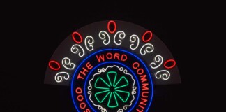Marinella Senatore 1977, The Word Community Feels Good, 2022 Glass tubes with mercury-free neon and cast methacrylate mounted on a painted aluminum panel, 82 x 100 cm; 13 cm