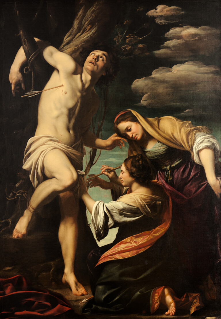 Simon Vouet, San Sebastiano curato da sant’Irene e da una ancella, 1622 ca., olio su tela, 246 x 174 cm. Collezione privata