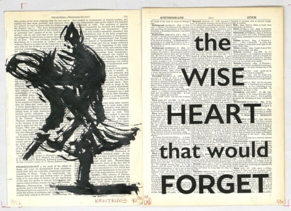William Kentridge, Drawings for Sibyl (The Wise Heart that would Forget), 2019, indian ink, red pencil and digital text on found pages, 27x38 cm. Courtesy Galleria Lia Rumma, Milano-Napoli