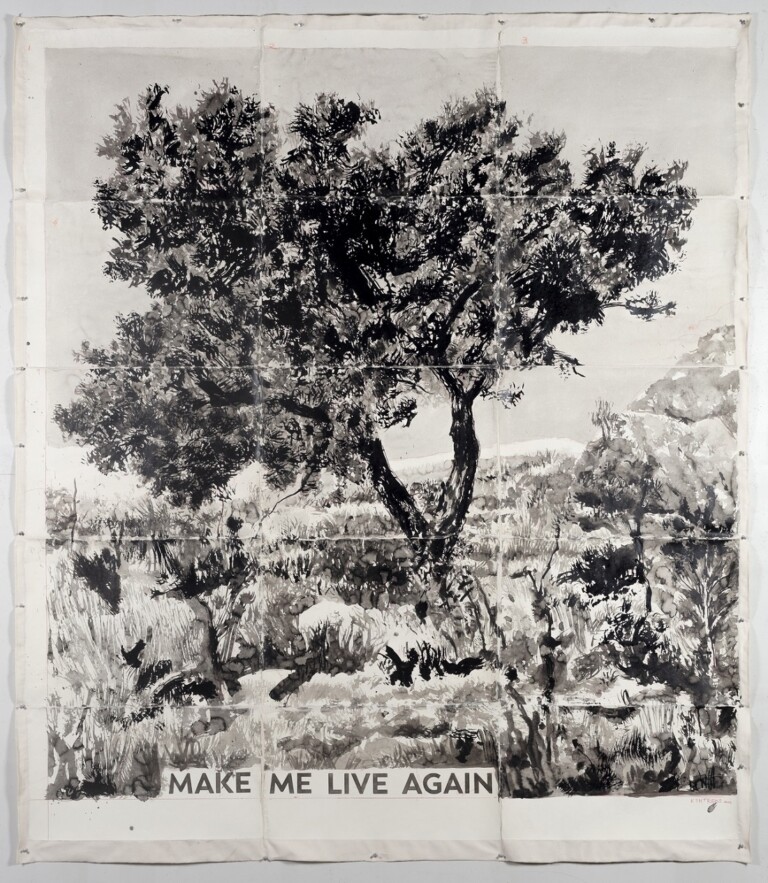 William Kentridge, Make Me Live Again, 2022, Indian ink on Phumani handmade paper, mounted on raw canvas, 216x186 cm. Courtesy Galleria Lia Rumma, Milano Napoli