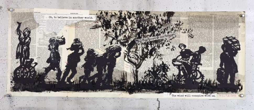 William Kentridge, Oh to believe in another world, 2020, indian ink, paper laser cut out and digital text collage and red pencil on found encyclopedia pages, 27x72 cm (not framed). Courtesy Galleria Lia Rumma, Milano Napoli