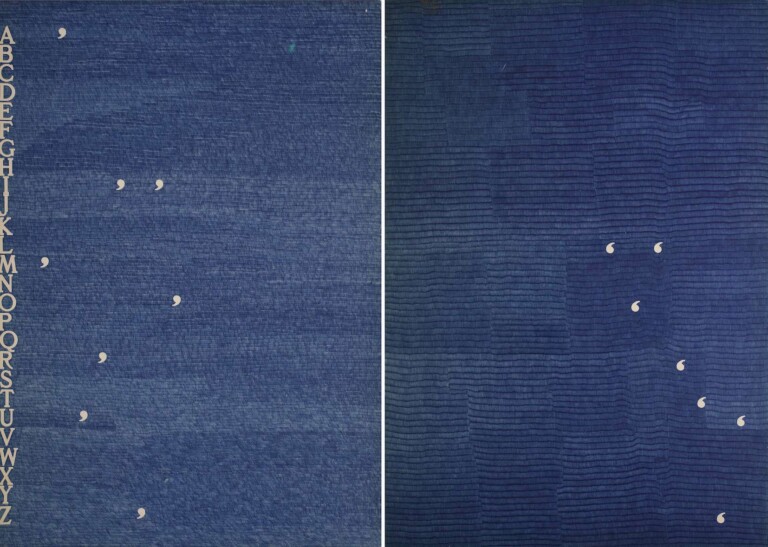 Alighiero Boetti Maurizio Fagiolo, 1977 penna biro blu su carta. Due elementi, 100 x 70 cm ciascuno Firmato, datato e dedicato sul retro alighiero e boetti / a/per maurizio due fogli blu / 1977 Collezione Maurizio Fagiolo dell’Arco, Roma