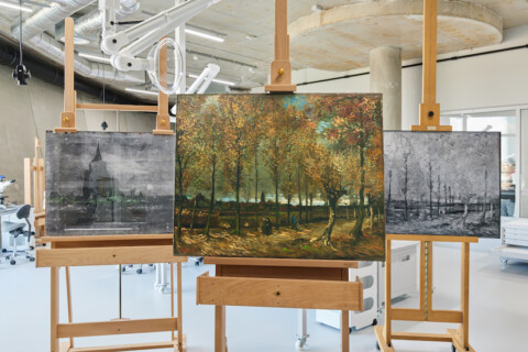 Poplars near Nuenen (1885), Vincent van Gogh, flanked by X-ray images, showing the over- painted compositions, in the restoration studios at Depot Boijmans Van Beuningen. Credit: Museum Boijmans Van Beuningen, Rotterdam, photo by Aad Hoogendoorn