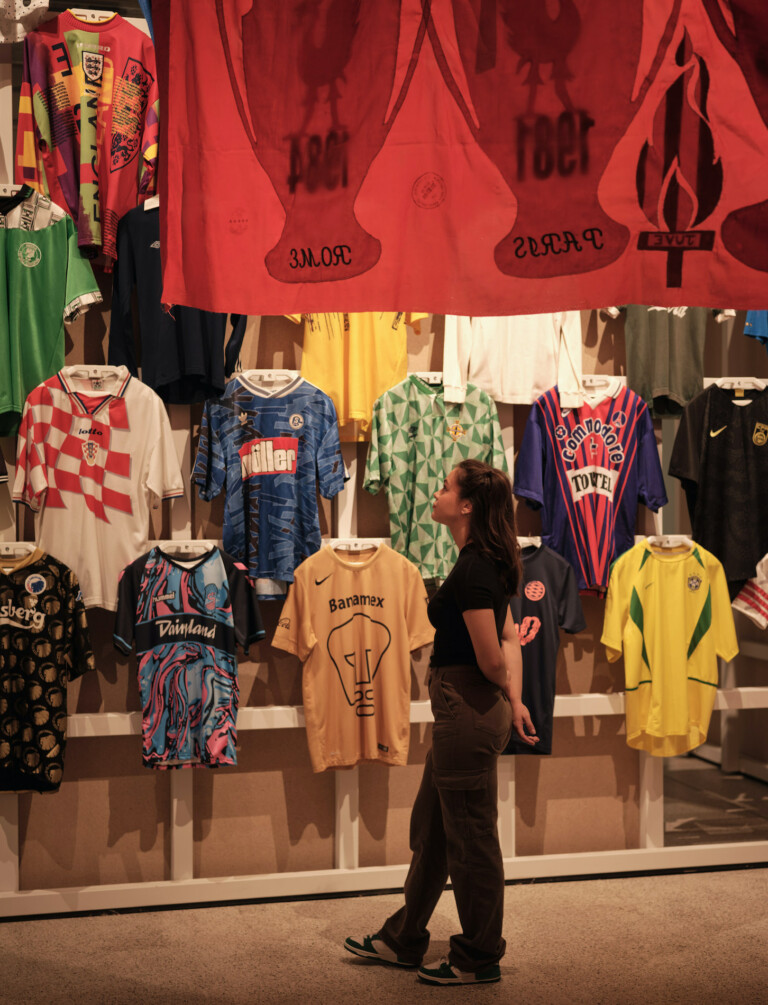 Installation view featuring Peter Carney's banner. Felix Speller for the Design Museum