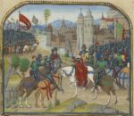 The Battle Between Arnault de Lorraine and His Wife Lydia (detail), from The History of Charles Martel, 1467–1472, Loyset Liédet and Pol Fruit. Tempera colors, gold leaf, and gold paint on parchment. Getty Museum