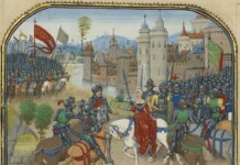 The Battle Between Arnault de Lorraine and His Wife Lydia (detail), from The History of Charles Martel, 1467–1472, Loyset Liédet and Pol Fruit. Tempera colors, gold leaf, and gold paint on parchment. Getty Museum