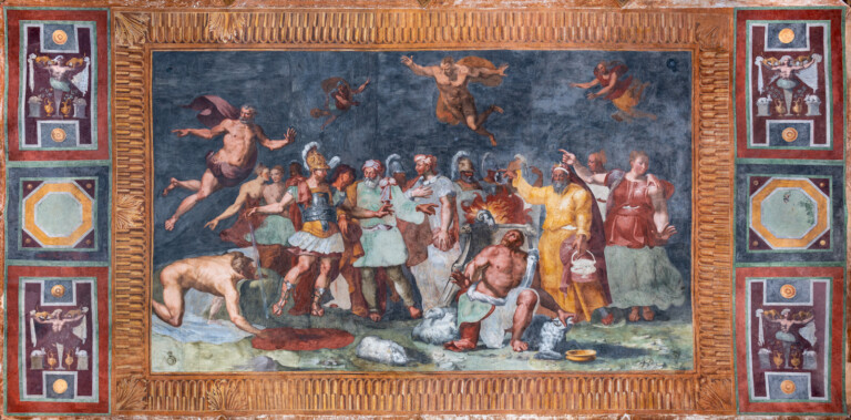 Fresque originale du plafond de la salle du Trône, scène centrale. Épisode de la Nekuia d’Ulysse © Maël Voyer Gadin _ Palais princier de Monaco