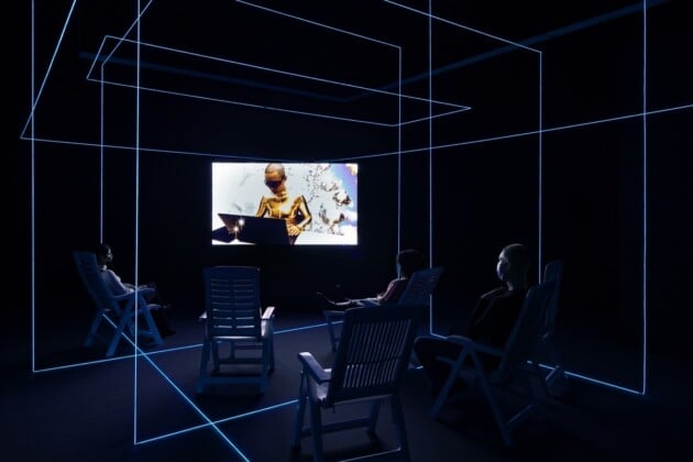 Hito Steyerl, Factory of the Sun, 2015. Installation view at Stedelijk Museum, Amsterdam 2022. Courtesy the artist, Andrew Kreps Gallery, New York and Esther Schipper, Berlin. Photo Peter Tijhuis © Hito Steyerl