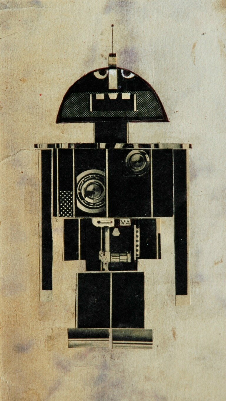Pino Pascali Robot 1965. Collage e tecnica mista su carta cm. 19.5x11,5. Archivio Pascali