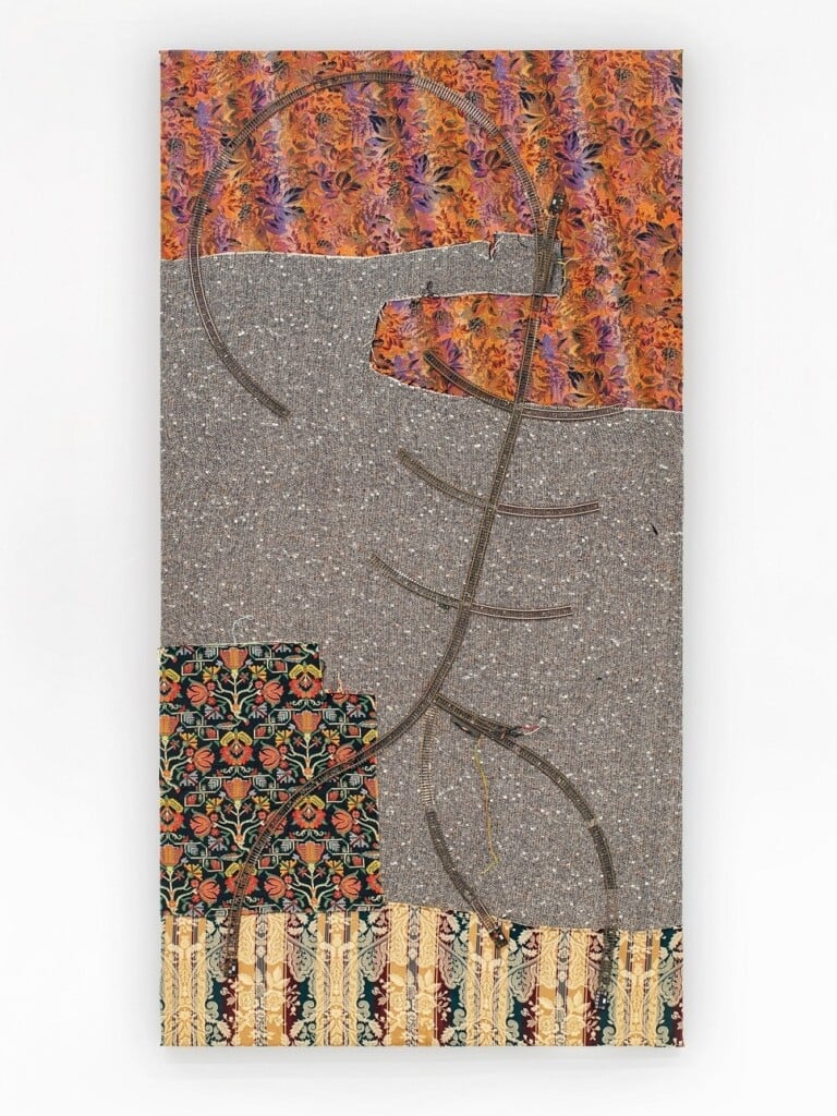 Aviva Silverman, Earthbound, 2022, upholstery fabric, miniature train tracks, 232 x 122 cm