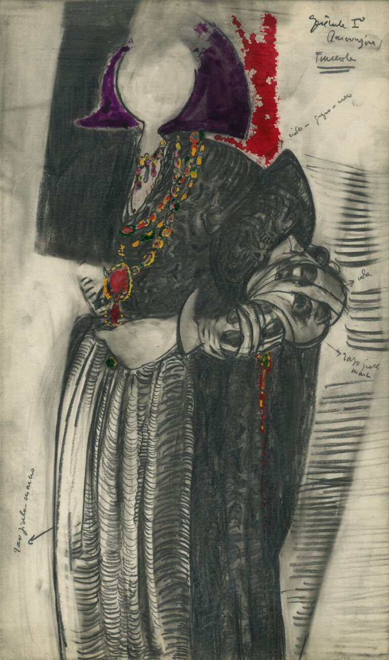 Giovanni Testori, Bozzetto per costumi _Amleto_, Gertrude I, 1970, matita su cartoncino, 36,5 x 22 cm