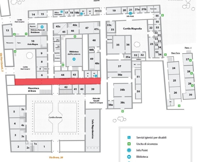 Mappa dell'Accademia di Brera con tramezzo russoliniano per raggiungere la ex chiesa di Santa Maria di Brera (ipotesi in rosso)