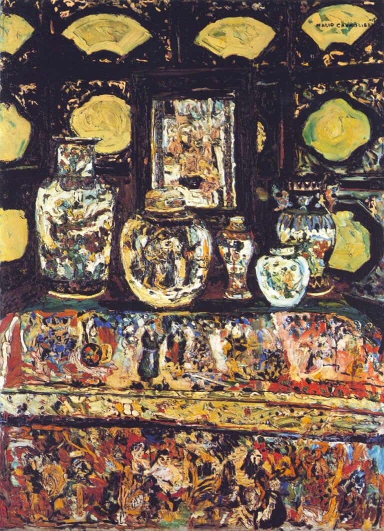 Mario Cavaglieri, Vasi cinesi e tappeto indiano, 1915, olio su tela, 154,7 x 110,3 cm, Marostica, collezione privata. Courtesy Galleria dello Scudo