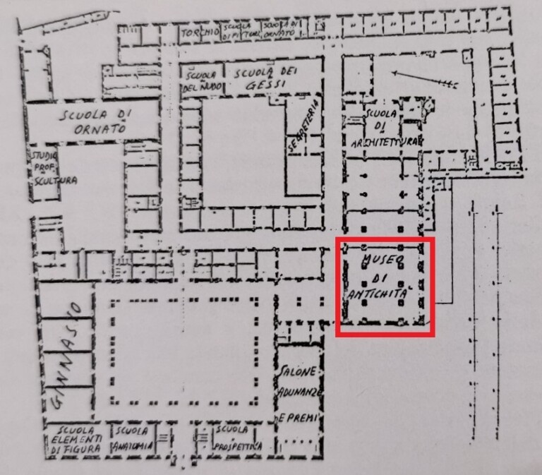 Piano terra di Brera con indicato il Museo di Antichità nella ex chiesa di Santa Maria di Brera in _Schema di sistemazione del 1808