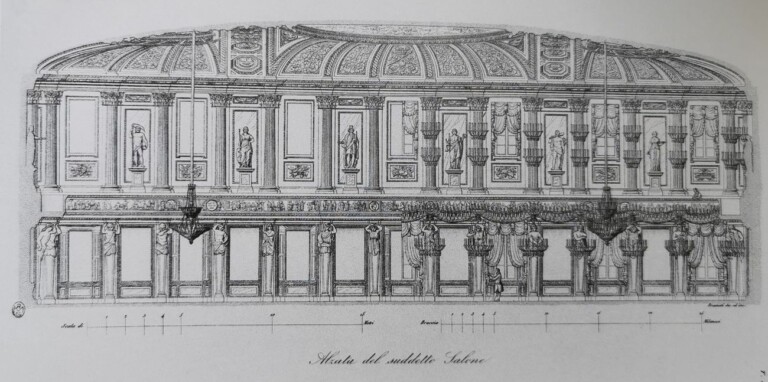 Sezione della Sala delle Cariatidi. Tavola di Domenico Pedrinelli tratta da Le fabbriche più cospicue di Milano di Ferdinando Cassina, edizione 1844