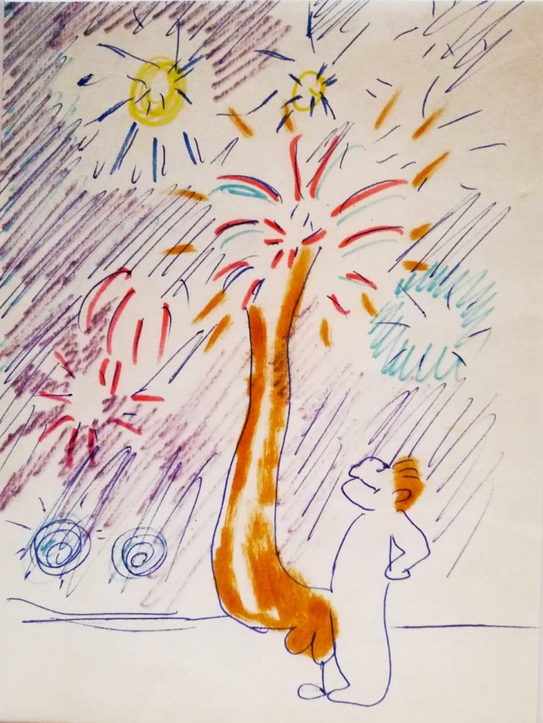 Un disegno di Federico Fellini esposto al Palazzo del Fulgor di Rimini