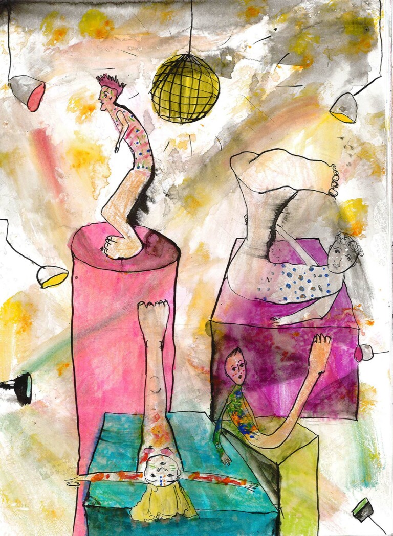 La discoteca degli sciapodi , dal Mostrario di Yuval Avital, (2021). Locandina del takeover in programma presso il Teatro Regio di Parma. ©Yuval Avital 2021, La discoteca degli sciapodi, Watercolor and ink on paper 22x30cm, picture courtesy of the artist