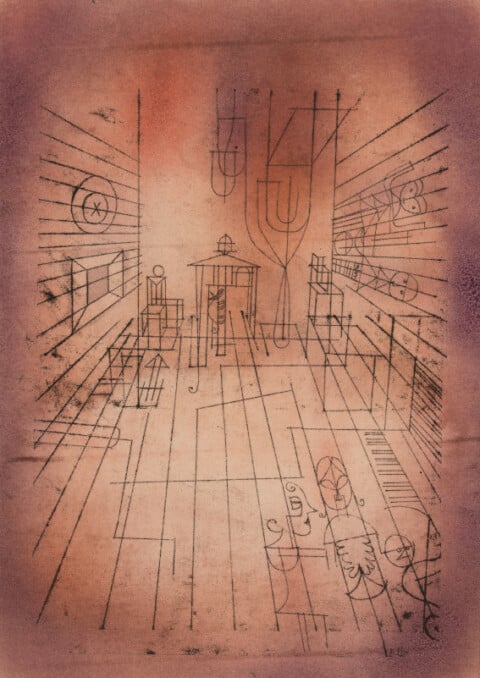 Paul Klee, L’altra stanza dei fantasmi (nuova versione), 1925 , Disegno a ricalco a olio e acquerello su carta su cartone, Collezione privata © Nicolas Borel