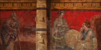Filosofo con Macedonia e Persia, Boscoreale, Villa di Fannio Sinistore, oecus (H), parete ovest affresco, MANN, Inv. s.n. inv. 906 1 secolo a.C. II stile