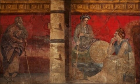 Filosofo con Macedonia e Persia, Boscoreale, Villa di Fannio Sinistore, oecus (H), parete ovest affresco, MANN, Inv. s.n. inv. 906 1 secolo a.C. II stile
