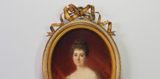 Adele Cecile Desireee Colomber, Ritratto di Marie Constance Say pricipesse de Broglie, 1888, acquarello e guoache su avorio, 95 x 75 cm. Galerie les portraits en miniature