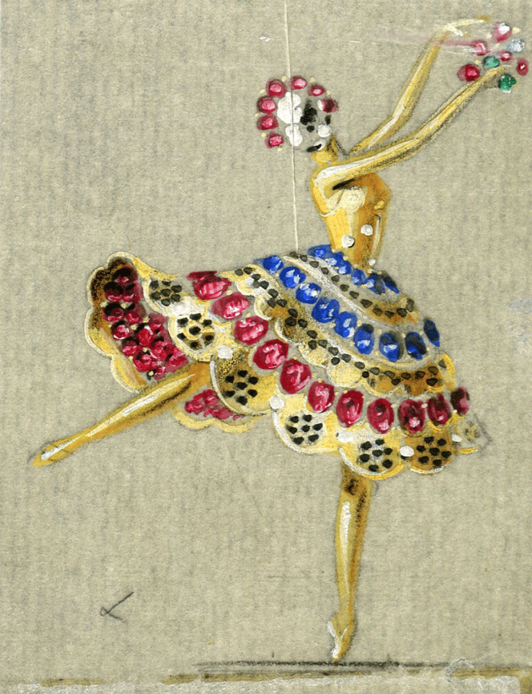 Drawing featuring a Ballerina clip, circa 1945, Van Cleef & Arpels Archives © Van Cleef & Arpels